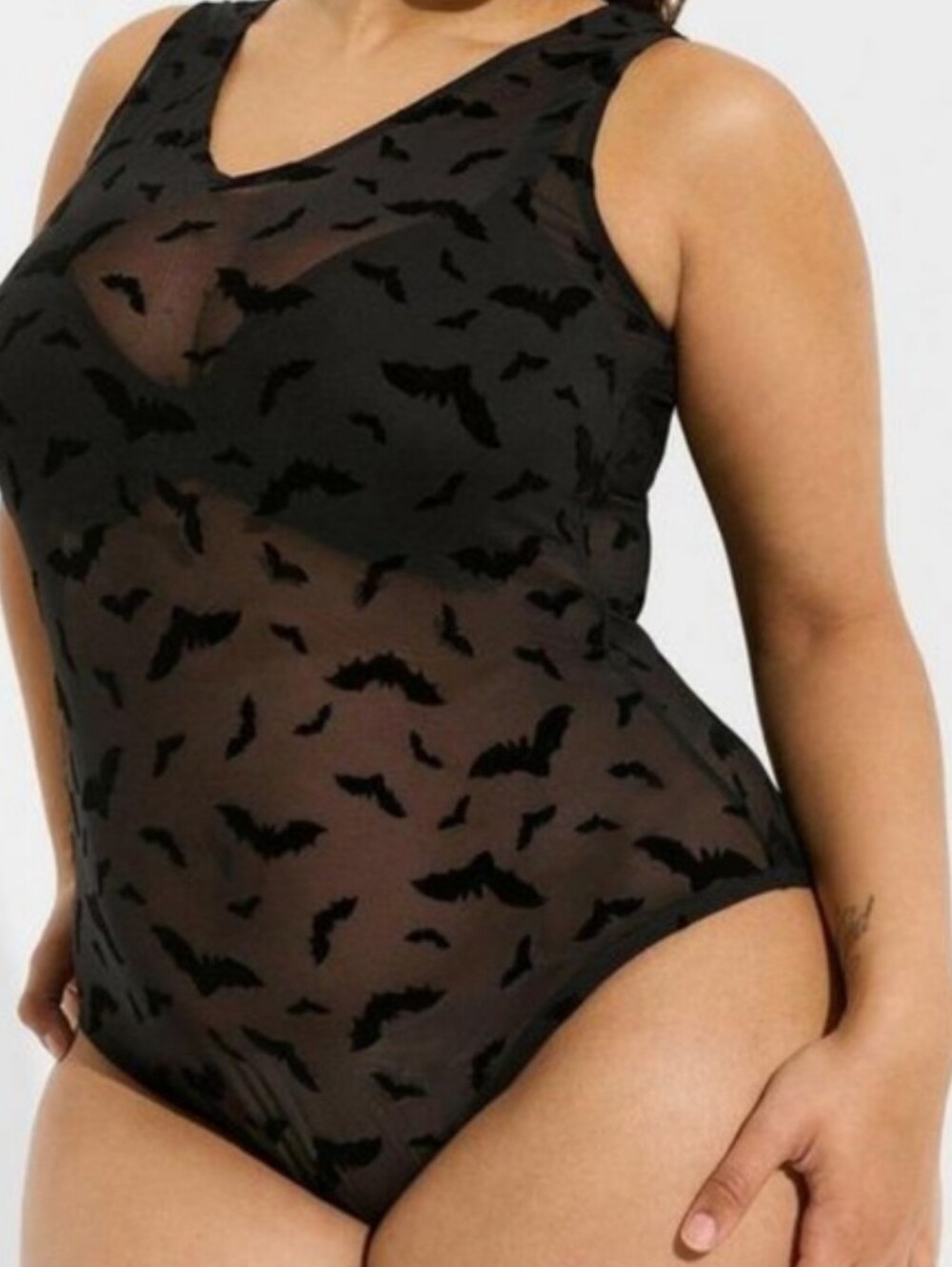 Torrid Black Flocked Mesh V-neck Bodysuit Stormy Bats 2X